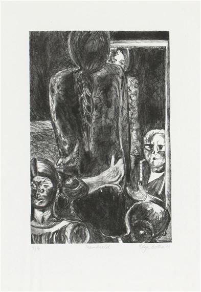 A monochromatic print depicting a central figure with their back turned, surrounded by three other figures in a crowded composition.