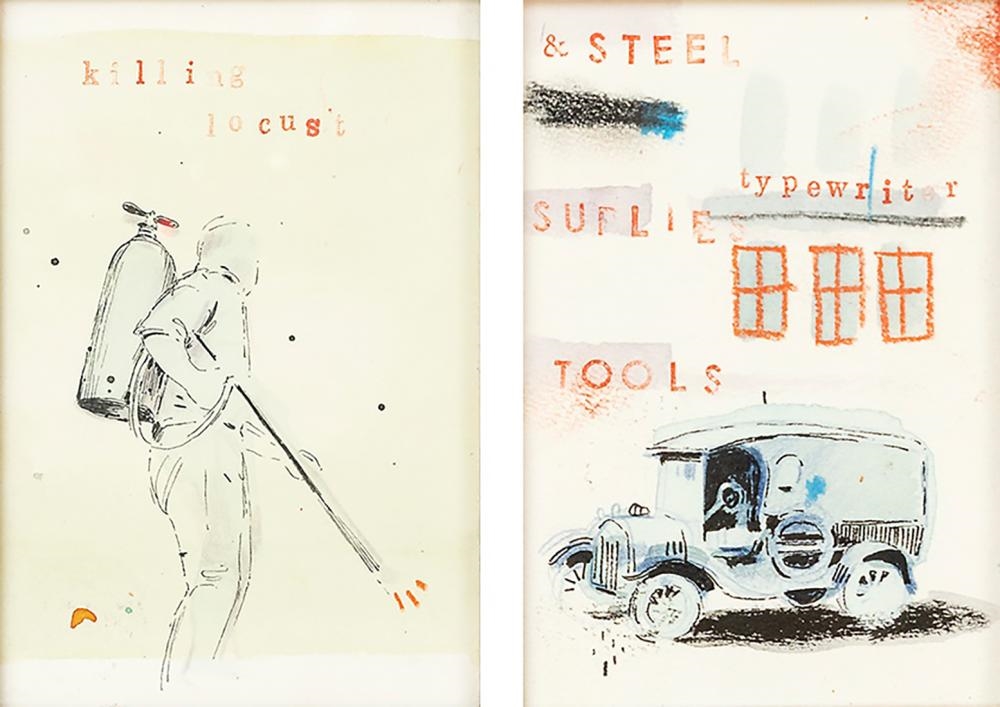 Artwork by Andrew Sutherland, Car; Locusts, Made of mixed media on paper