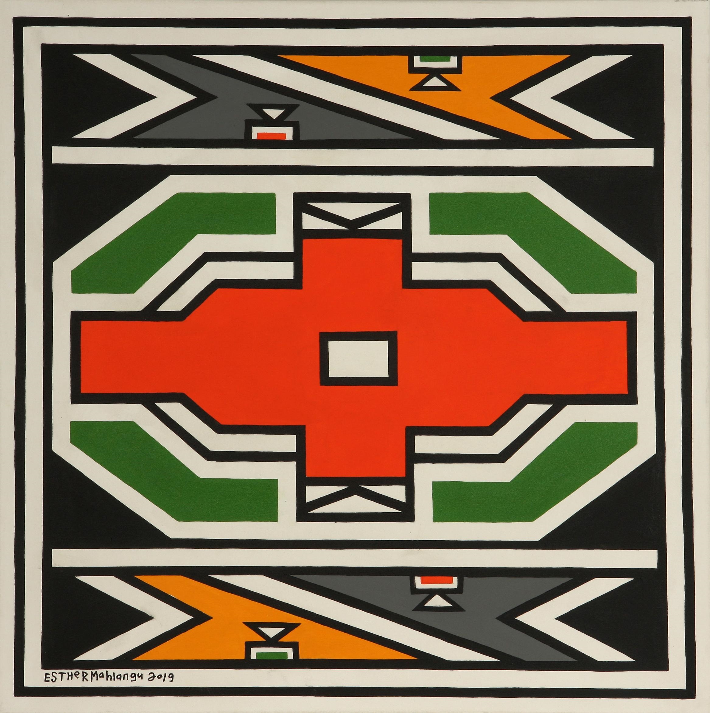 Artwork by Esther Mahlangu, Ndebele Abstract, Made of acrylic on canvas