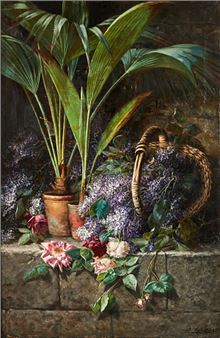 Still life with palm trees, lilacs and roses on stone wall - Per Malmén