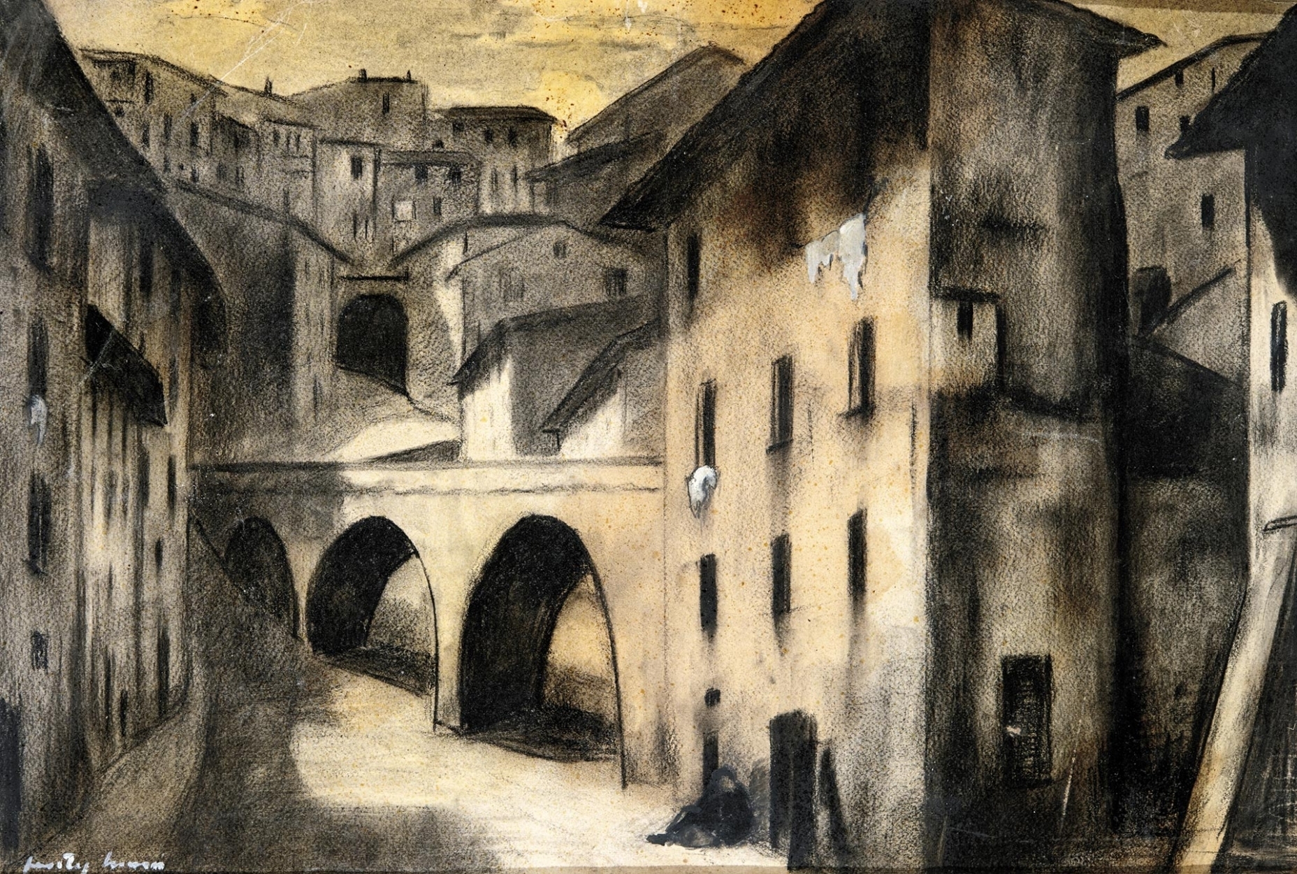 Artwork by Feszty Masa, View of an Italian Town, Made of Coal, pencil, cover white varnished on paper