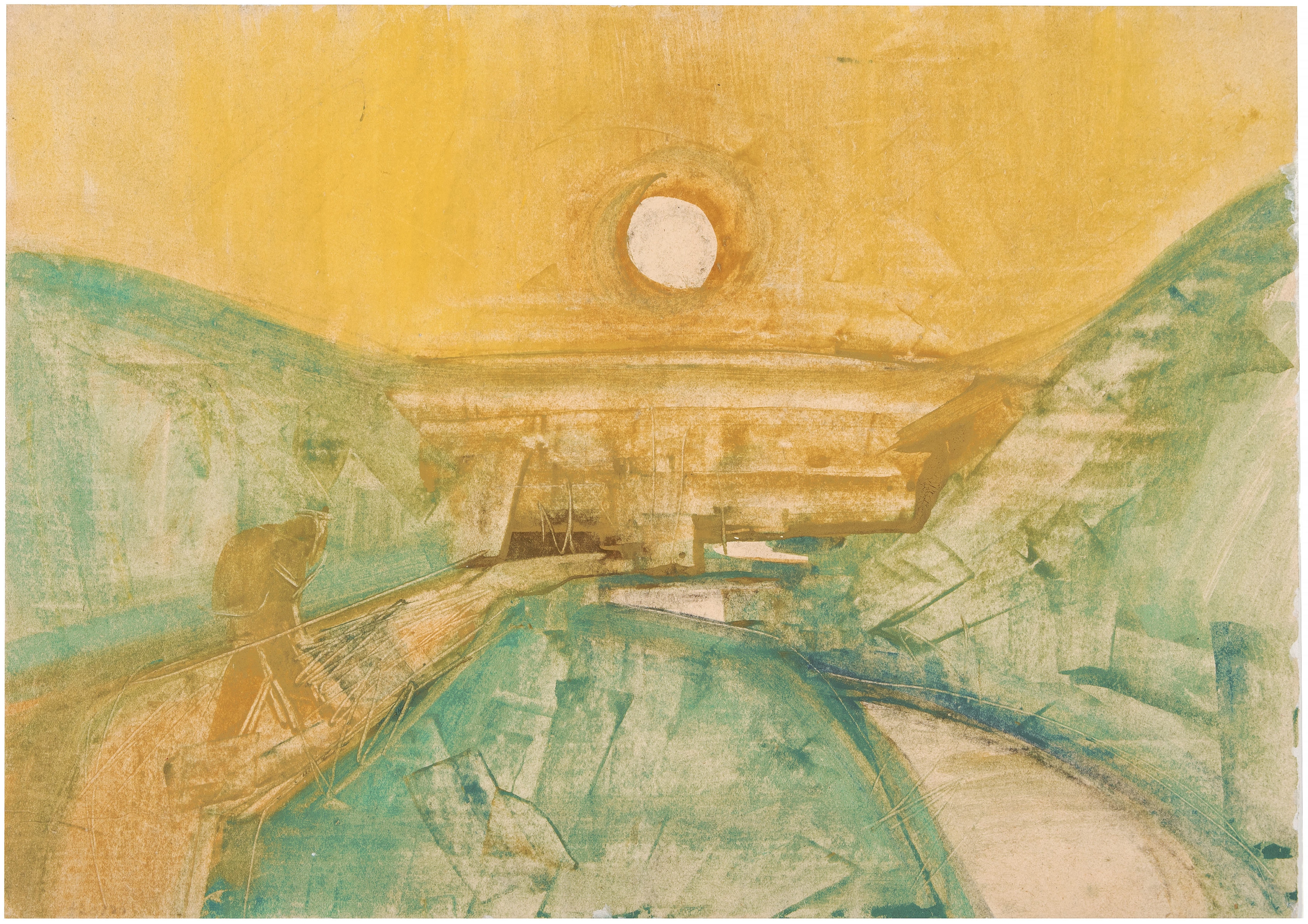 Artwork by Hermann Glöckner, Früh (Aufgehende Sonne), Made of Brush and spatula in tempera, drawn through on paper