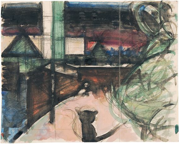 Häuser an heller Dorfstraße mit Katze und Sachsenfahne by Hermann Glöckner, 1928-29