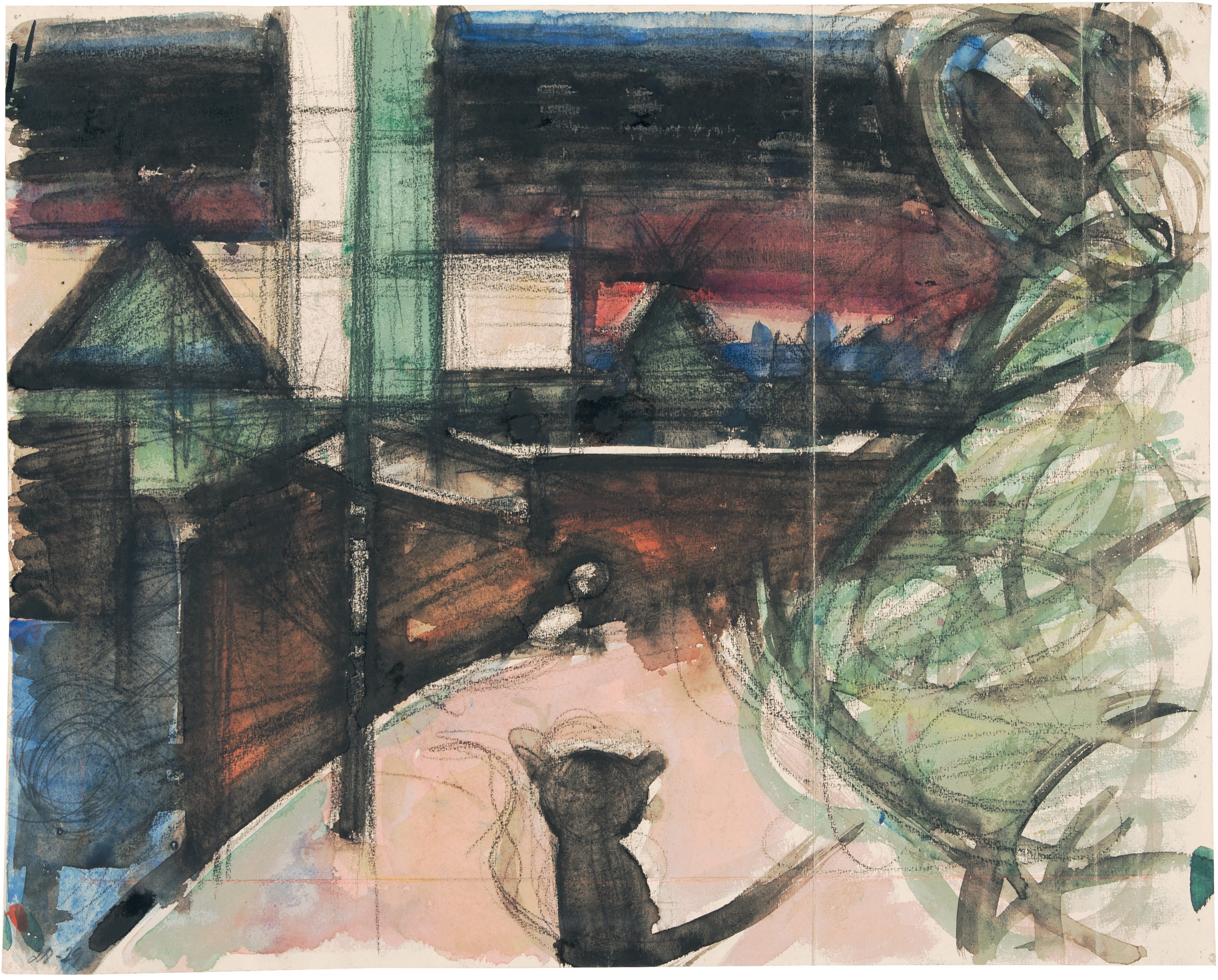 Artwork by Hermann Glöckner, Häuser an heller Dorfstraße mit Katze und Sachsenfahne, Made of Watercolor, black chalk and graphite on light cardboard