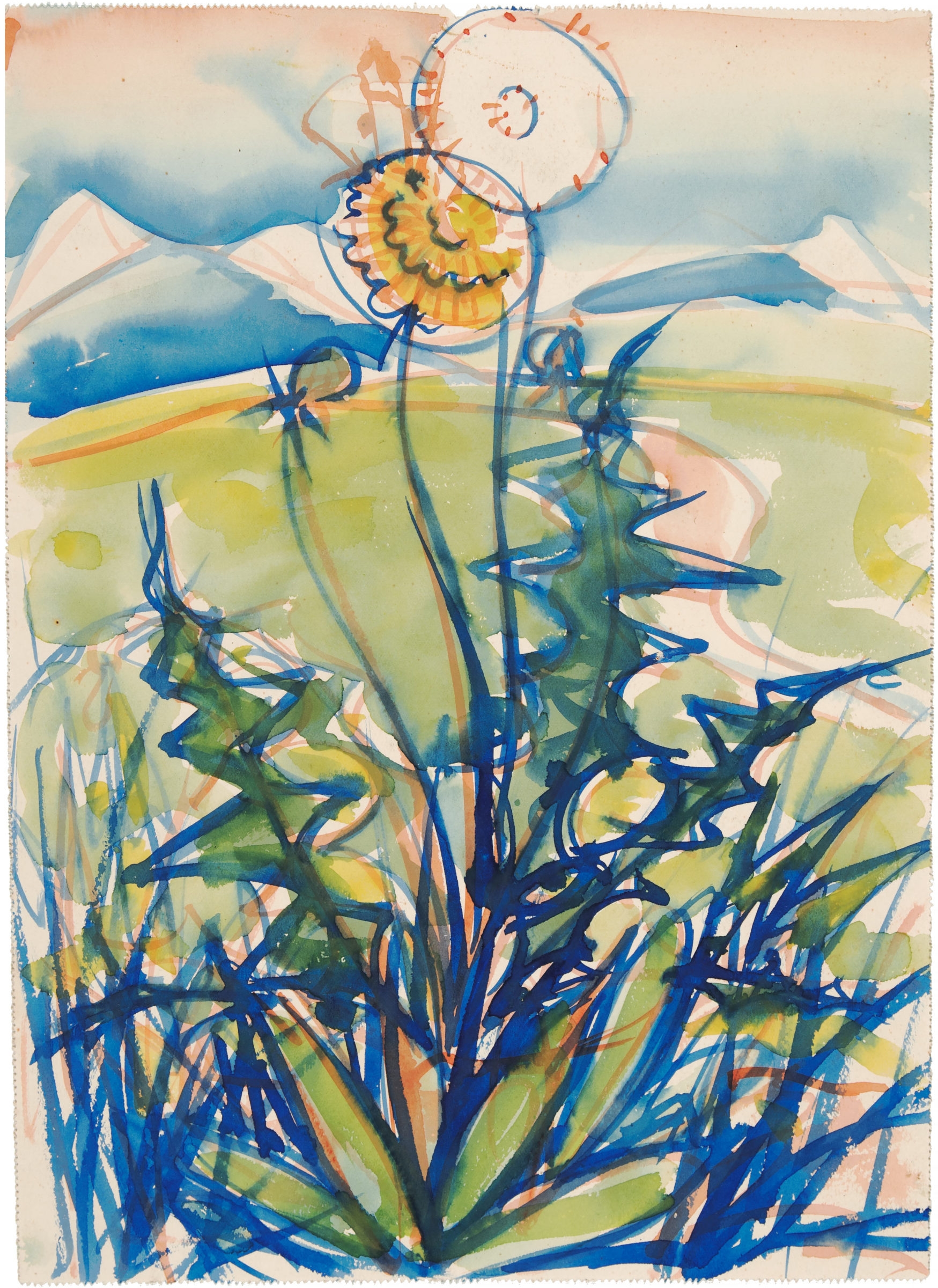 Artwork by Hermann Glöckner, Löwenzahnblüten auf einer Gebirgswiese, Made of Watercolor on light cardboard
