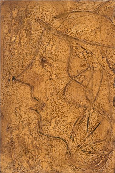 Profil nach links in Braunocker; Profil mit roten Lippen