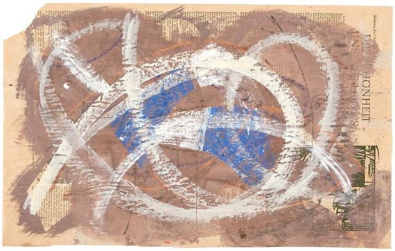 Weiße Pinselschwünge über braunem Grund und blauen Flächen