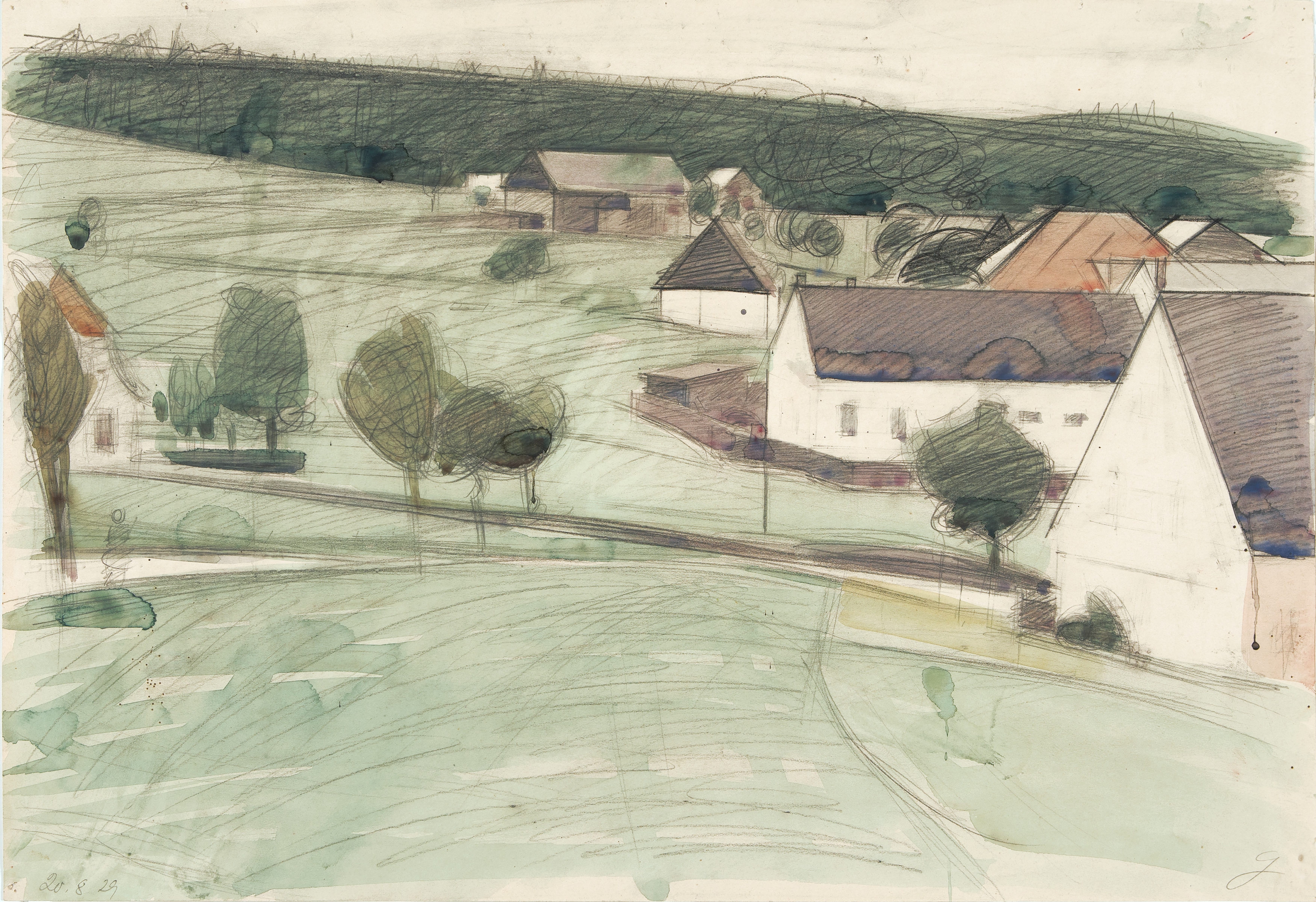 Artwork by Hermann Glöckner, Dorfanfang (Voitsdorf), Made of Watercolor, black chalk and graphite on light cardboard