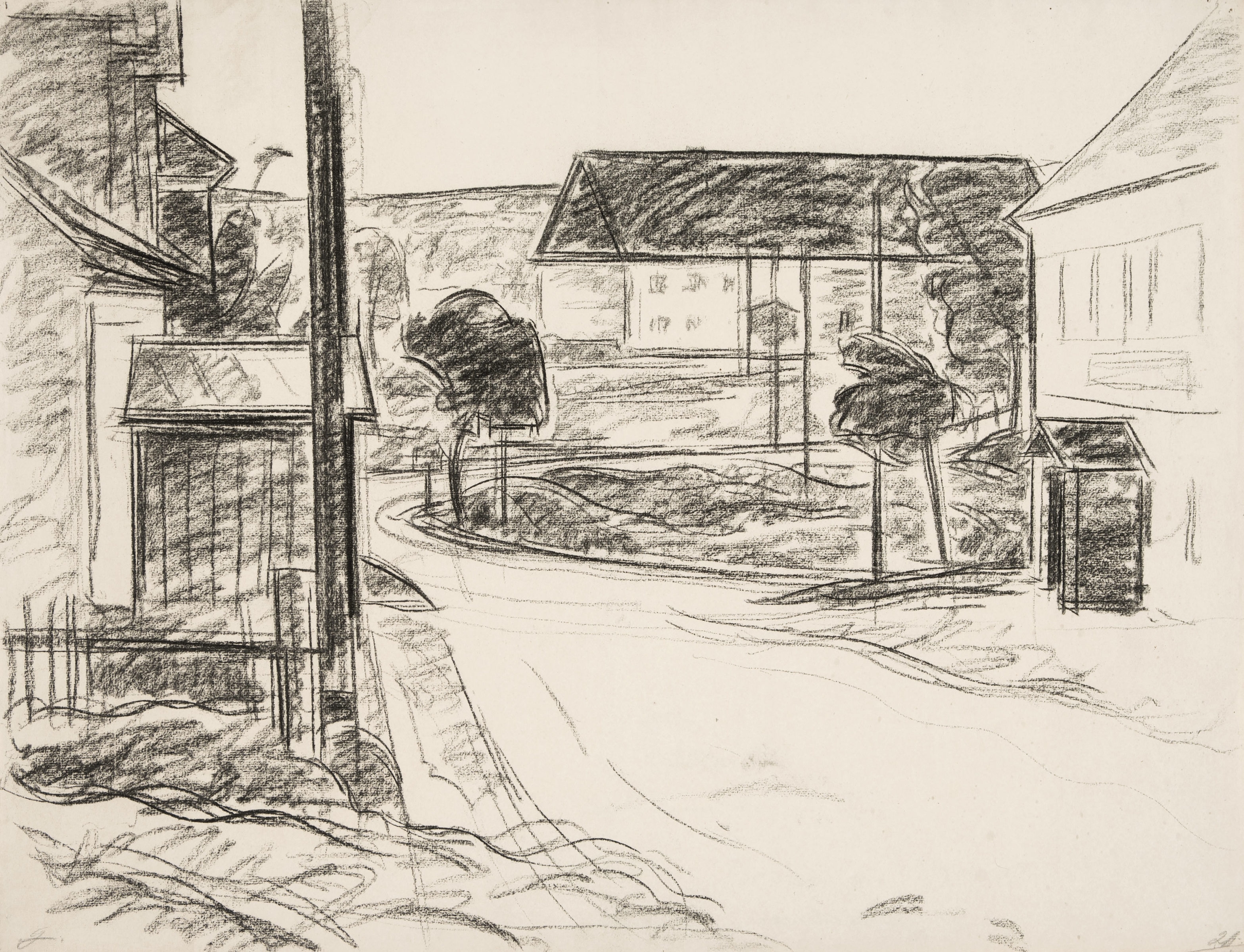 Artwork by Hermann Glöckner, Verlassenes Dorf, Made of Charcoal on laid paper