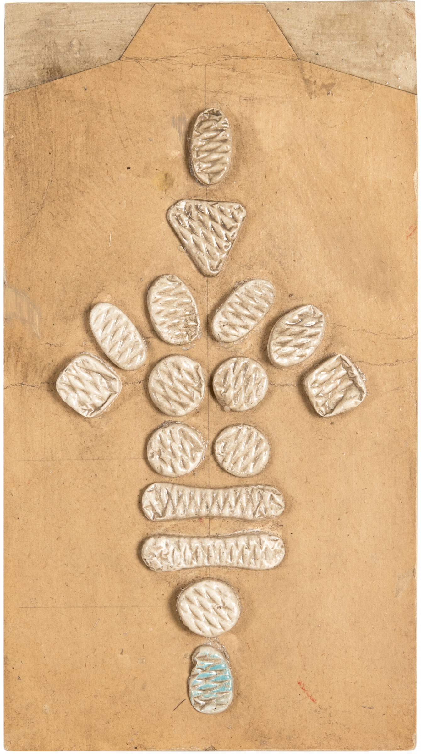 Artwork by Hermann Glöckner, Figurine, Made of Lacquer, tempera and pencil over a collage of praline sleeves on cardboard mounted on cardboard with wooden strips