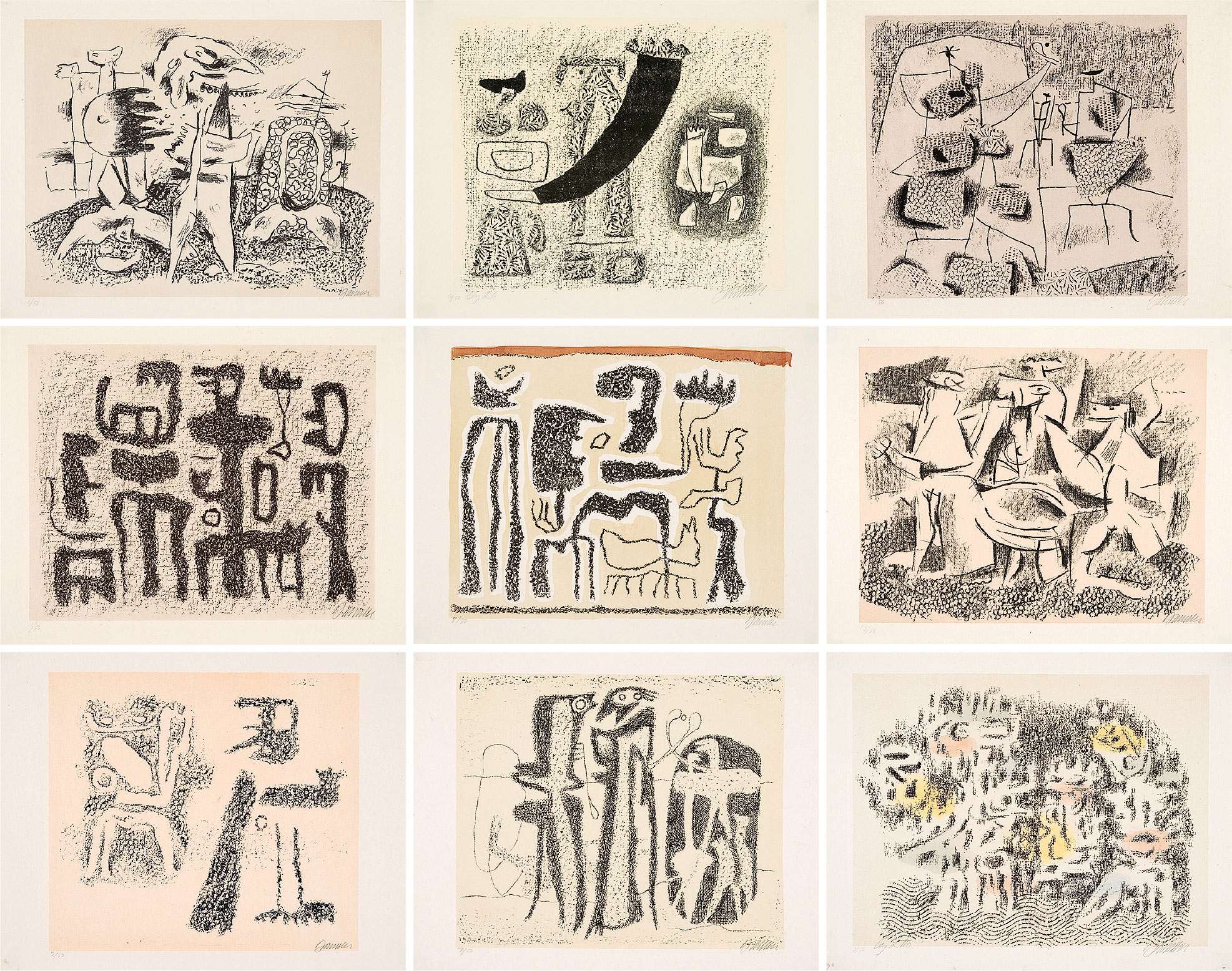 Artwork by Willi Baumeister, Dreiergruppe; Schwebeder Bogen; Sonnenfiguren; Afrikanische Erzählung; Afrikanische Spiele; Figurenmauer; Siduri; Inselwelt; Afrikanischer Tanz; Aufzug der Giganten, Made of lithograph on paper