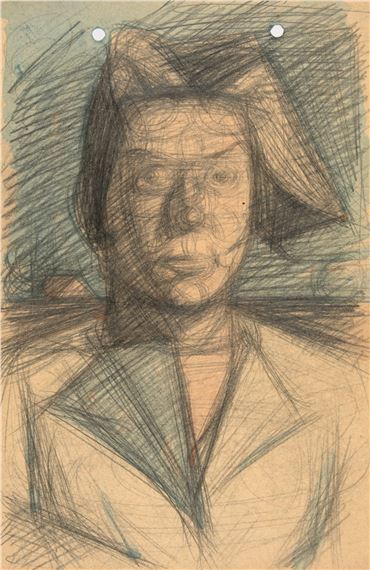 Kopf einer Frau im Wind, vor Horizont mit Haus