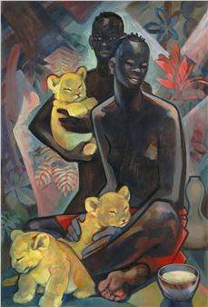 Eingeborene mit Löwenbabys - Marie-Louise Mammen