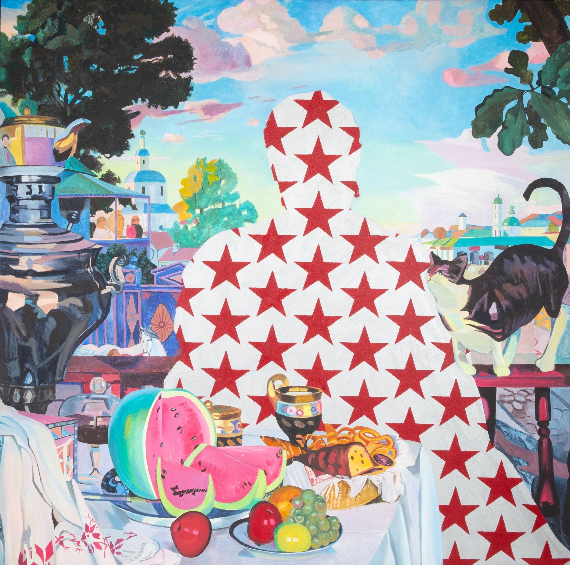 Artwork by Rostislav Lebedev, Tea Party (After Kustodiev), Made of acrylic on linen