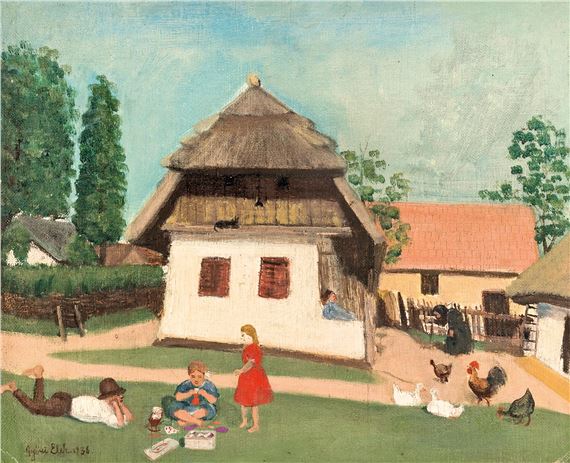 Parasztudvar játszadozó gyerekekkel by Elek Gyori, 1938