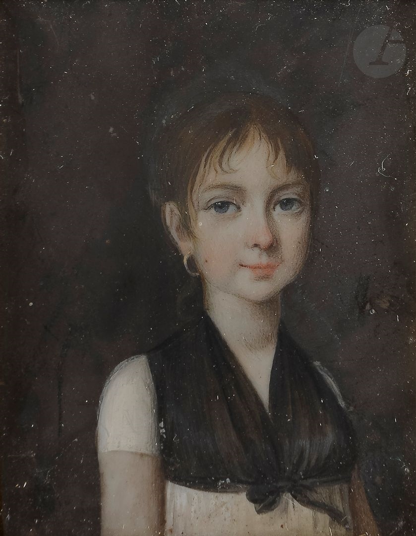 Artwork by Nicolas Pinet, Jeune fille à mi-corps vers la droite, en robe blanche à bustier noir, époque Directoire