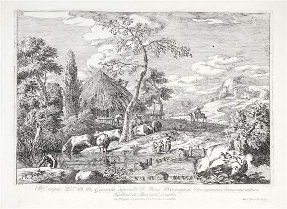 Paesaggio con armenti al fiume, lavandaia e capanna. by Marco Ricci, 1723-1730.