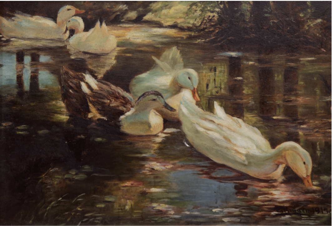 Artwork by E. Kruger, Enten auf sommerlichen Teich, Made of Oil on hardboard