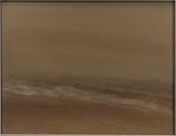 A muted landscape painting of a beach at dusk with soft, layered waves.