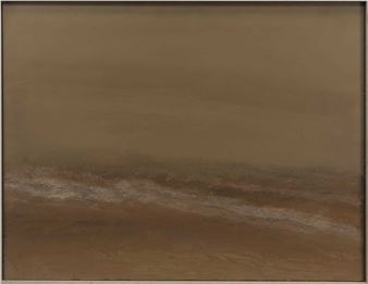 A muted landscape painting of a beach at dusk with soft, layered waves.