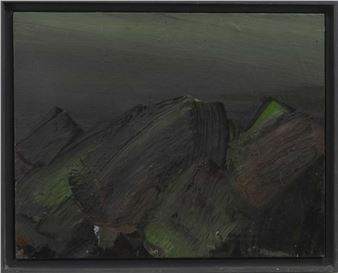 A moody landscape painting of jagged, dark mountains under a heavy sky.