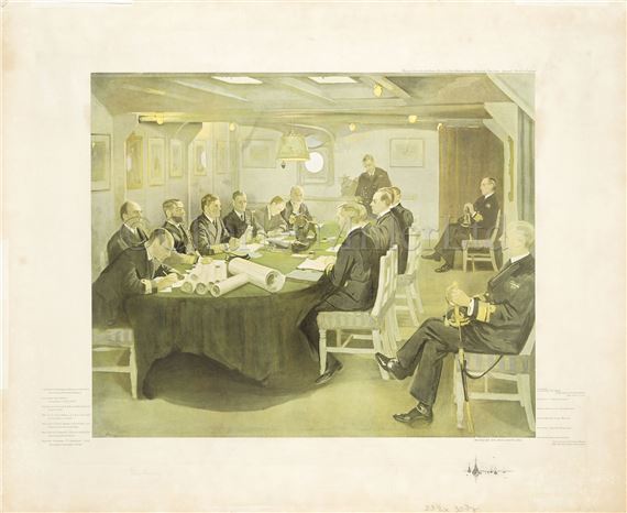 A formal meeting scene inside a ship's bridge with figures in dark uniforms gathered around a table.