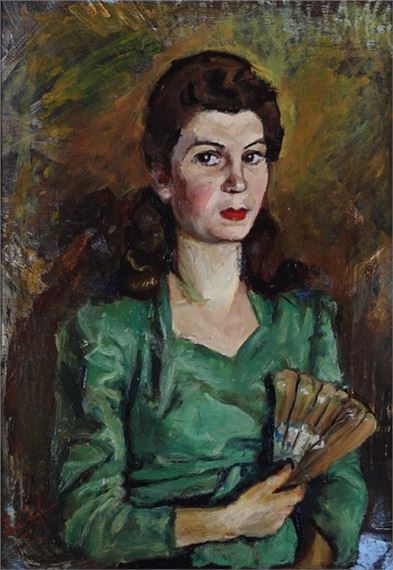 Donna in abito verde con ventaglio by Paolo Ghiglia