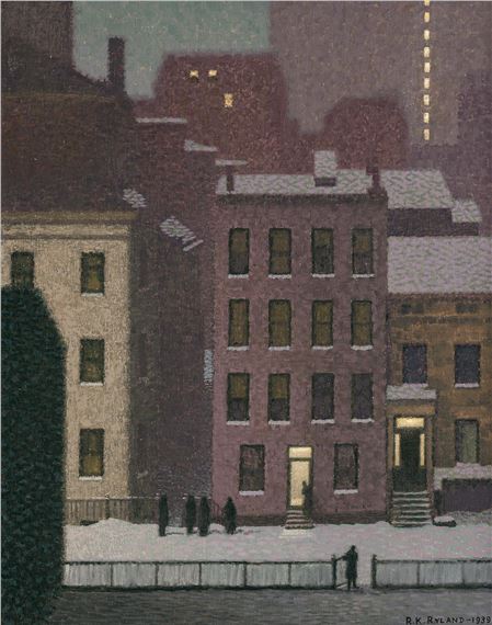 A snowy urban street scene with illuminated windows and silhouetted figures.