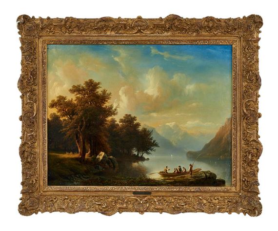 François Diday | Lac de Brienz avec des personnages dans un ferry ...