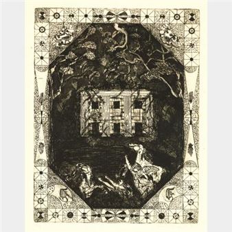 A mysterious black-and-white print depicting a dark, cavernous scene with a glowing window and figures below.