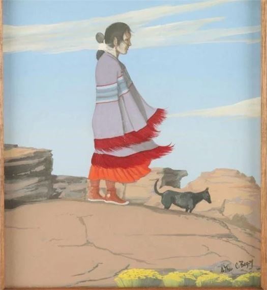 Indian woman and her dog by Arthur C. Begay