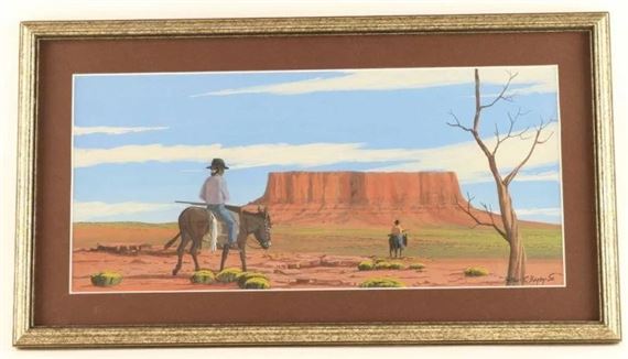 Indian on donkey heading towards monument valley by Arthur C. Begay