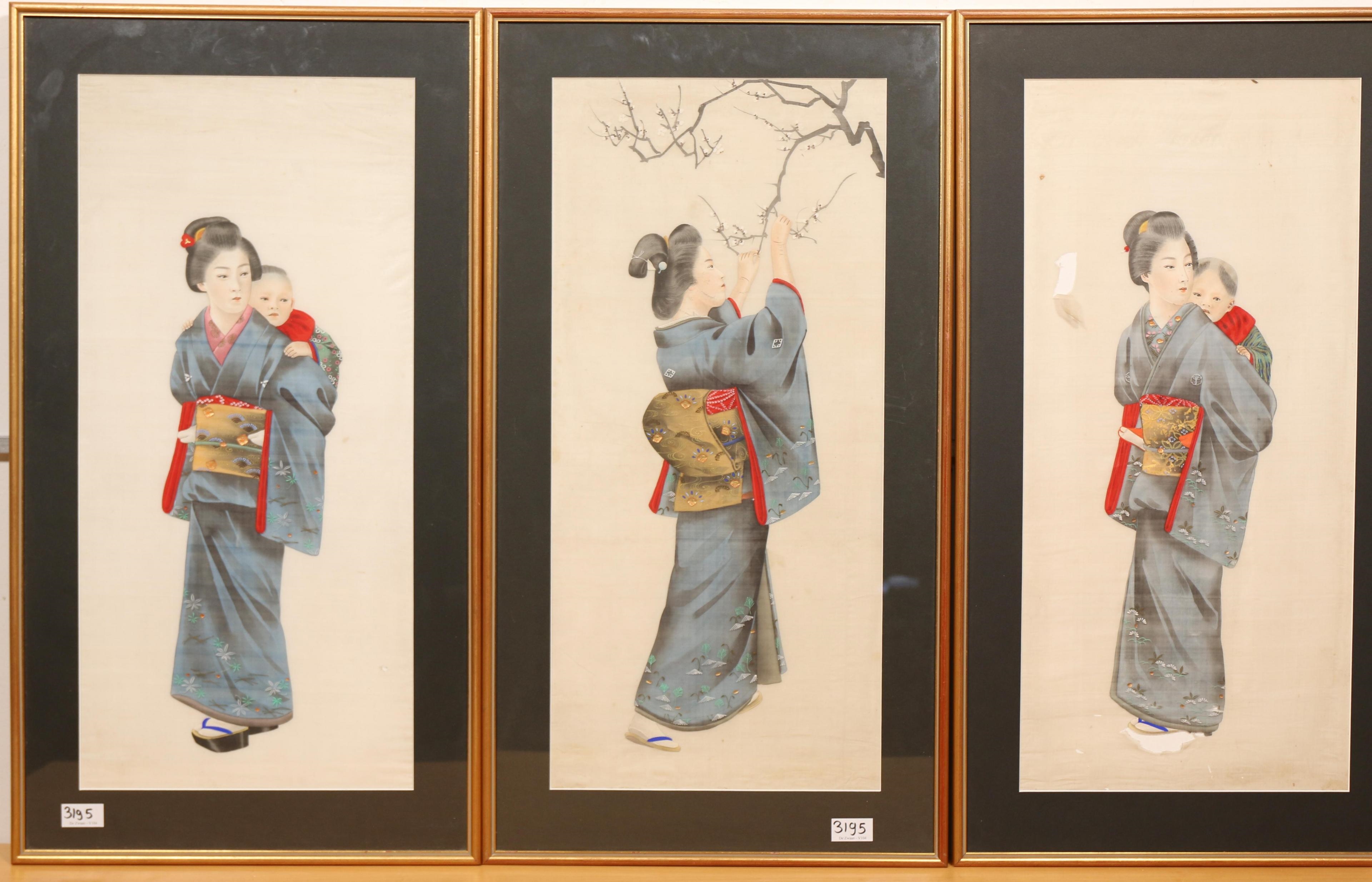 Japanese School, 20th Century | Drie schilderingen met afbeelding van