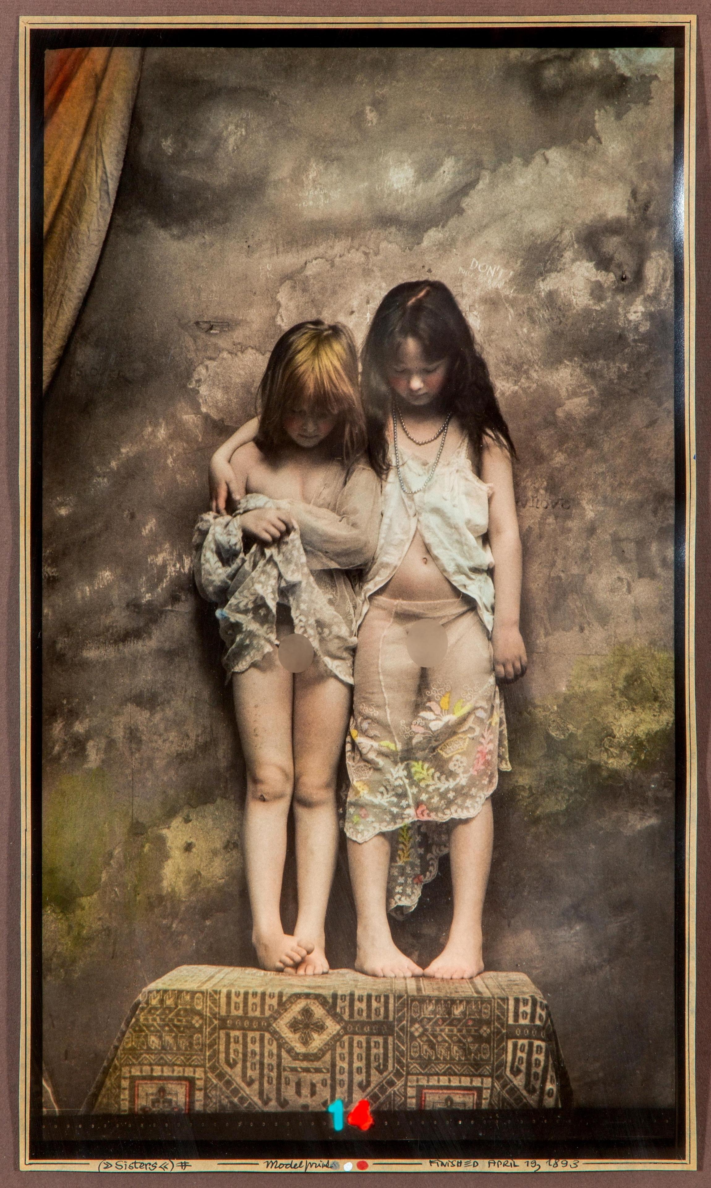 Artwork by Jan Saudek, Sisters, Made of gelatin silver print with hand-colouring