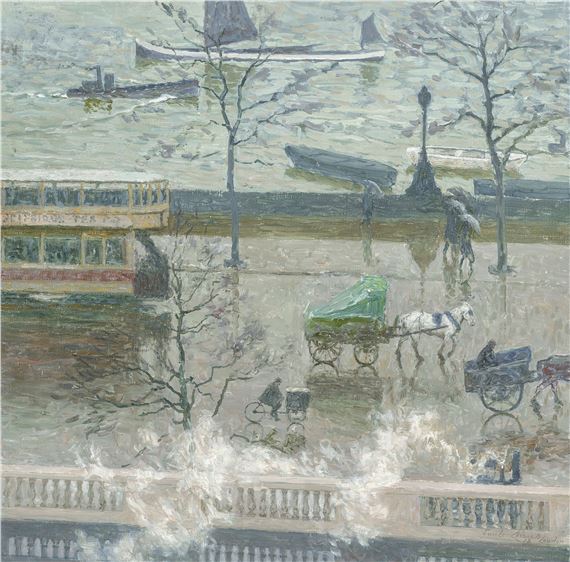 The quay along the Thames in the rain, London by Emile Claus, 1918
