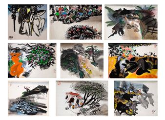 Jeunes filles, 1990; Le vahcer, 1991; Retour du marché, 1991; Scène de village, 1990; Retour du marché, 1991; Velos, 1990; Composition abstrait, 1990; Composition abstrait, 1991; L'éleveur de canard, 1990 - Do Phan