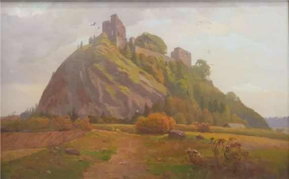 Blick auf eine auf einem Felsen stehende Burgruine by Karl Heffner
