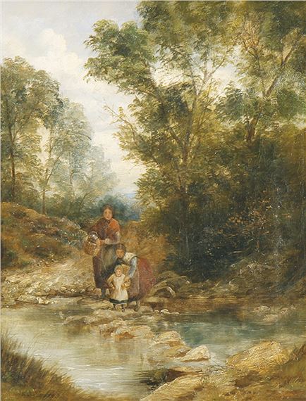 Mutter mit ihren beiden Kindern am Waldbach. by Edward John Cobbett