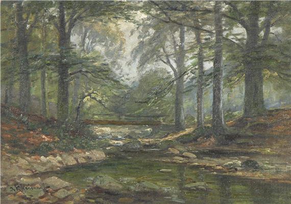 Waldlandschaft mit Holzbrücke by Adolf Rheinert