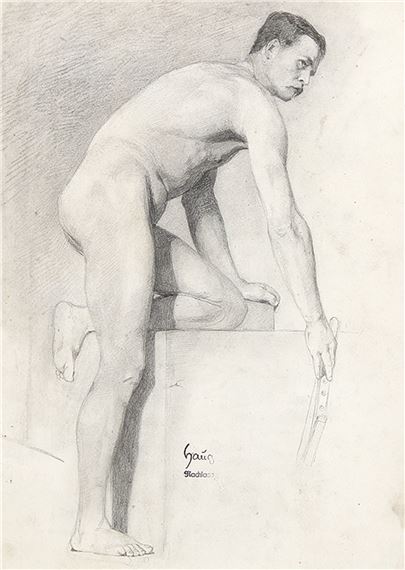 Liegender männlicher Akt - Männlicher Akt, von der Seite gesehen - Reiterstudie by Robert Von Haug