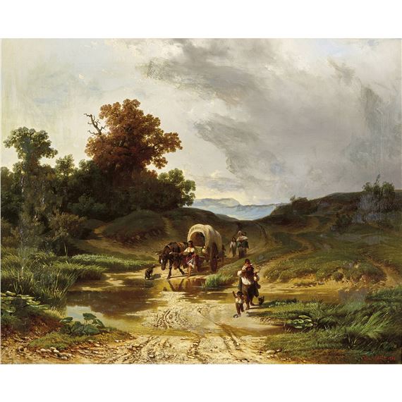Gewitterstimmung mit Planwagen by Johannes Cornelis Jacobus Mali, 1860
