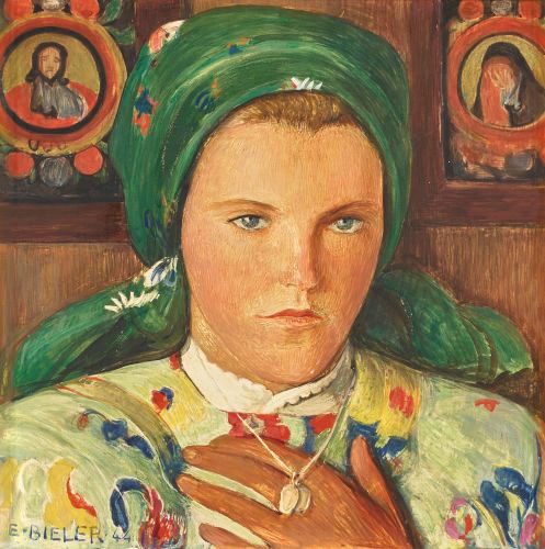 Portrait de jeune valaisanne au foulard et au collier by Ernest Biéler, 1944