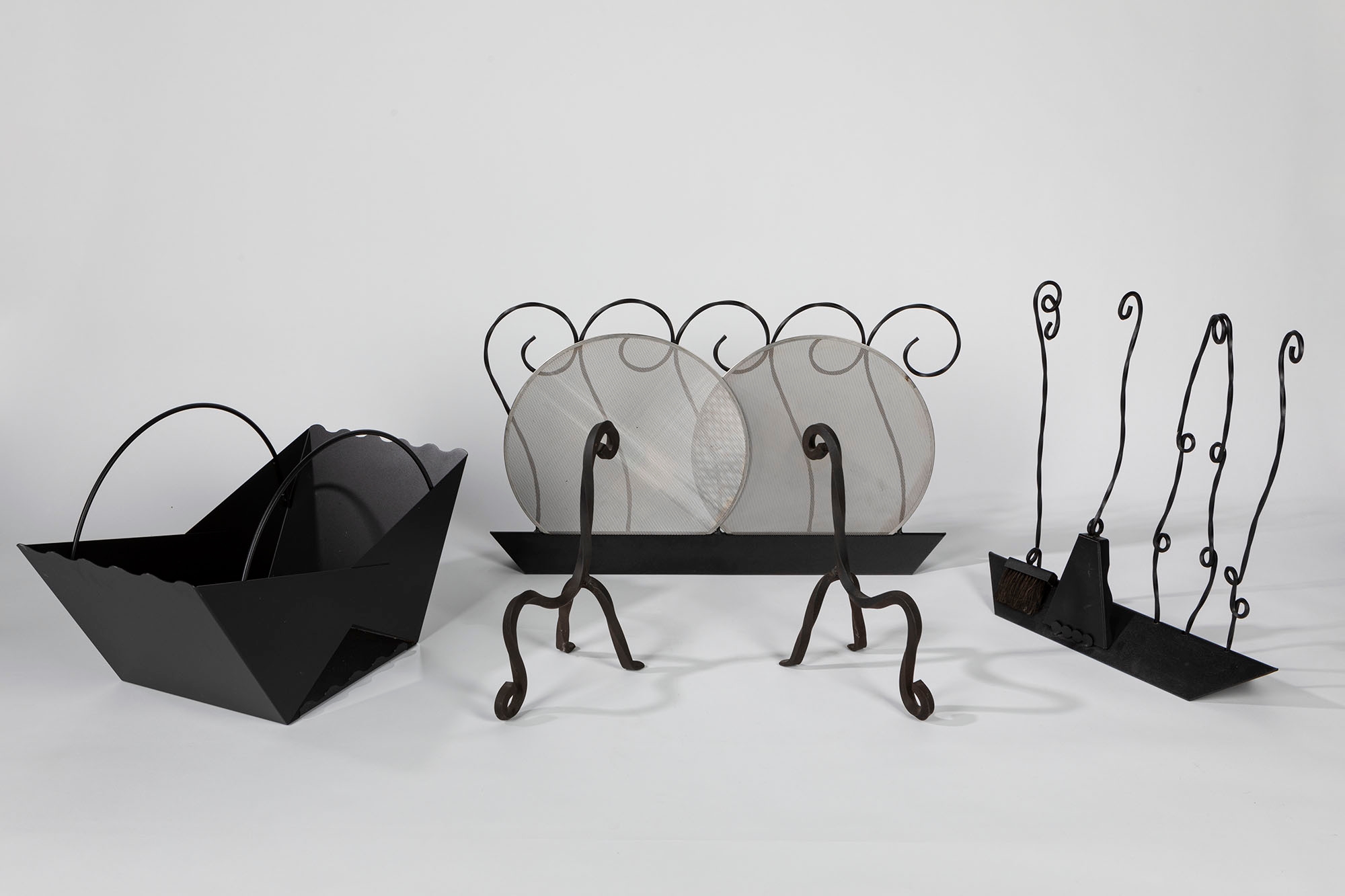 Artwork by Riccardo Dalisi, Wooden set, Made of burnished steel tools with leather handles, two firedogs, stainless steel log grate and steel wood holder