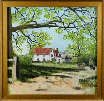 Rural farmhouse with a figure and dog - Harry Hambling