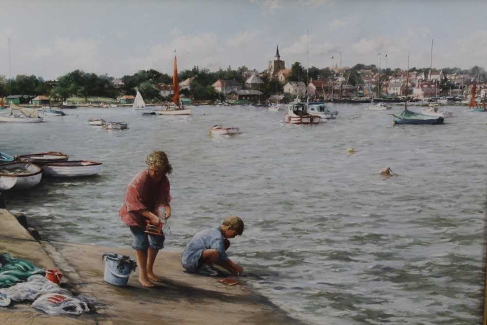 Artwork by Christine Slade, Crabbing at Maldon, Made of pastel