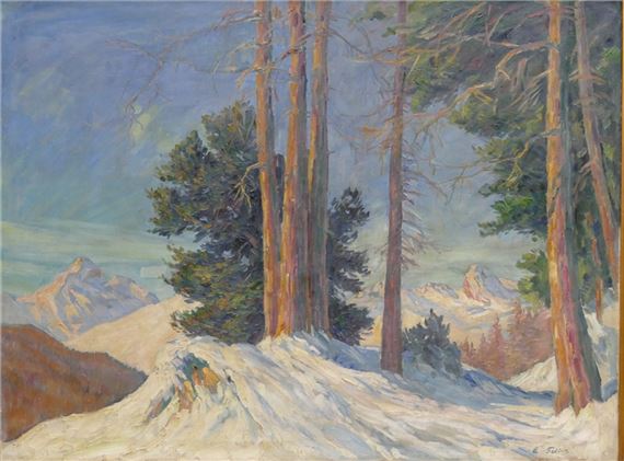 Gebirgslandschaft, im Vordergrund Bäume by Carl Friedrich Felber