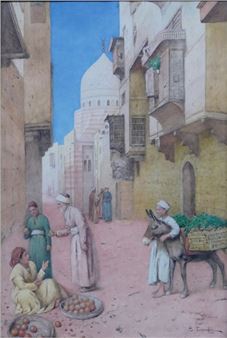 Arabische Händler mit Früchten und einem Esel im Verkaufsgespräch - Enrico Tanghi