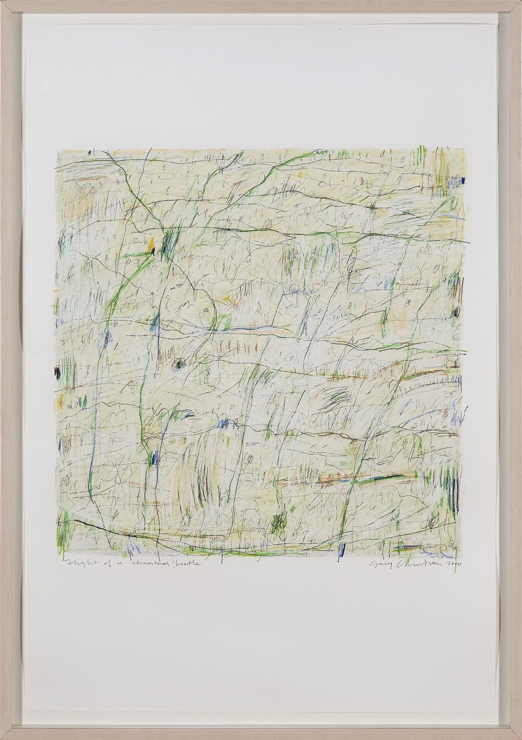 An abstract composition of a textured landscape filled with intersecting lines and subtle color variations.