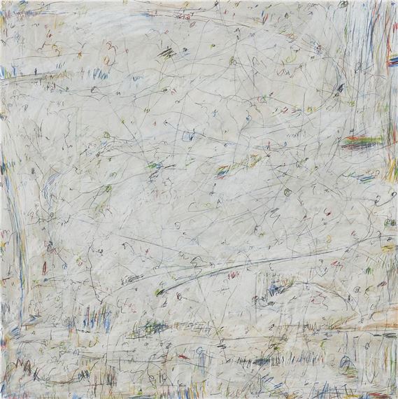 An abstract composition of chaotic, layered lines and faint marks on a textured off-white surface.