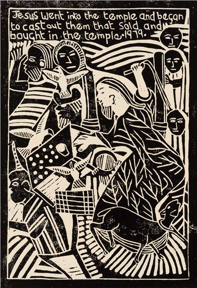 Jesus Went into the Temple and Began to Cast Out by John Ndevasia Muafangejo, dated 1979